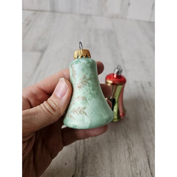 Vintage glass bell striped red green ornament Xmas set - Picture 7 of 14